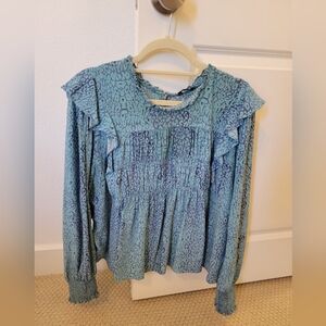 Rails Flora Women Long Sleeve Blue Cheetah Ruffle Blouse Shirt